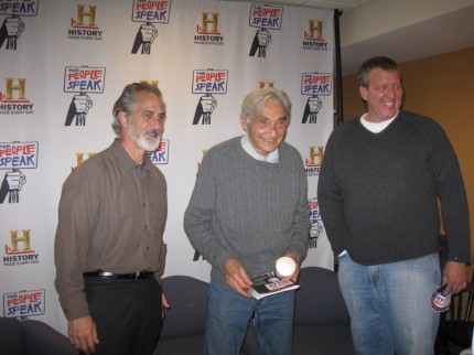 From left: David Strathairn, Howard Zinn and Chris Moore.  Photo by Matt Hoffman