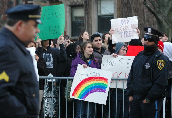 Tuesday, Dec. 1, 2009-Boston University students gathered across the street from the Florence Chafetz Hillel House at 213 Bay State Rd., Boston, Mass. to stage a counter protest against the Westboro Baptist Church's anti-homosexual protest. The Boston Police were there to keep protestors from both sides in check. | Photo by Casey Germann.