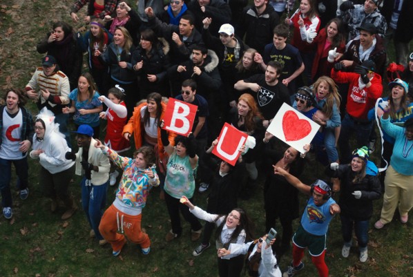 BU students sing the chorus of Jackson Five's "ABC" at the end of filming a take of BU's first LipDub | Photo by Nicole Cousins