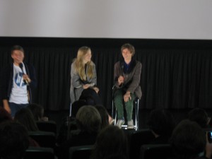 Portia Doubleday and Michael Cera in a Q&A session after the AMC Loews screening.  BU student Dan Chizzoniti, at left, introduced the actors.  Photo by Matt Hoffman