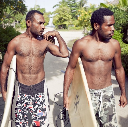 Angelus and Ezekiel are teammates on the Sunset Surf Club. Their competitors are the Vanimo Surf Club. Still from "Splinters"
