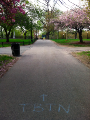 Take Back The Night chalked up the intersections of the Common to direct people to the march | photo by Tara Jayakar