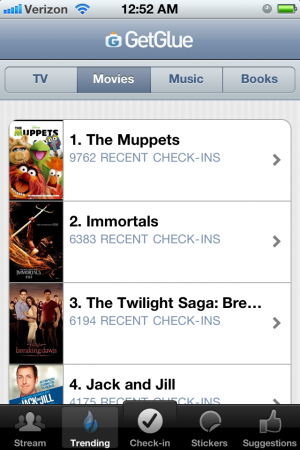 Screenshot of GetGlue App.