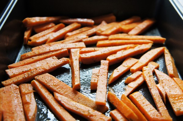 Fries in baking sheet.