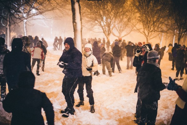 Snowball fighters reached well into the hundreds, perhaps over a thousand on the Esplanade on Friday night. Photo by Barron Roth. 