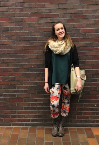  Jessica Bacchi, (CAS ’15), brings a hint of spring into her look with floral pattern pants from Nasty Gal. Photo by Kara Korab.  