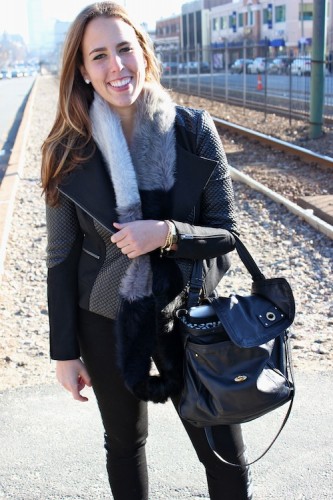  Sarah Fekini, (CGS ’15), braves the cold weather with a shearling scarf from UGG, that can make any cold wind bearable, and a jacket from Trouvé. Photo by Asta Thrastardottir.