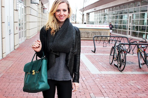  Chandler Yunker, (CAS ’14), shows off a chic style with a rolled striped leather jacket from SCOOP and a dark teal Phillip Lim Pashli Satchel. Photo by Asta Thrastardottir.