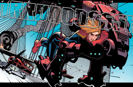 Carol Danvers punching robots over the Zakim Bridge. | Image courtesy of Marvel Comics.