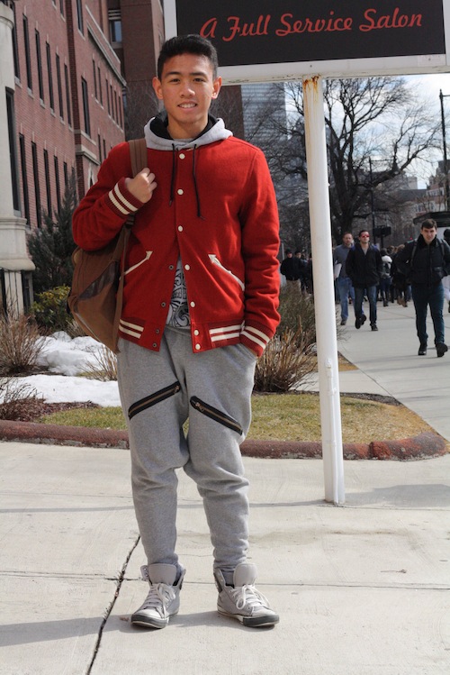 Caesar Soledad (SAR '16) is a hip-hop dancer and says his Chachi Mama pants (a brand created by a friend's mother) are "really easy to move around in." Photo by Sharon Weissburg.