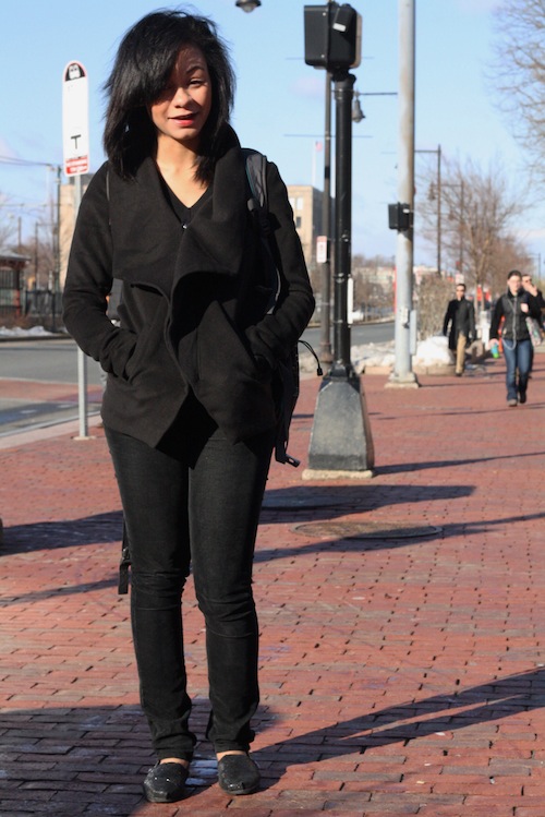 Lindsay Crockett wears all black, mixing it up with multiple textures: wool, corduroy, and glitter! Photo by Sharon Weissburg.