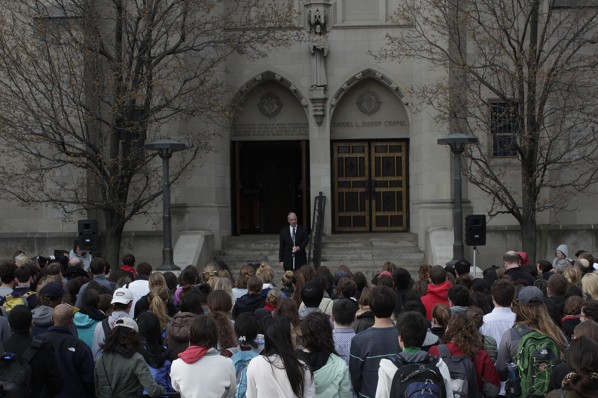 Dean Hill addressed the students gathered at Tuesday afternoon's vigil. | Photo by Jake Lucas