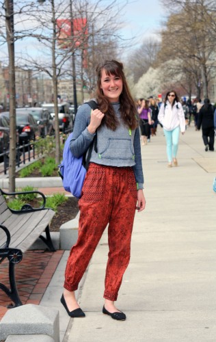 Lisa's (CAS '16) Urban Outfitters pants complement her neon-trimmed sweatshirt perfectly. And look at that bag! Photo by Sharon Weissburg.