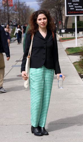 Elina (PhD) wears J. Crew trousers with a basic black blazer, tapping into the recent chic pajama trend. Photo by Sharon Weissburg.