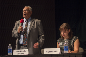 SED Fall Convocation and mayoral debate moderators Dean Hardin Coleman and Alyssa Sarkis. | Photo by Katy Meyer.