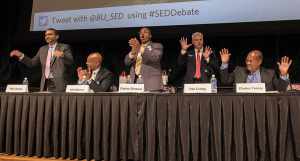 Felix Arroyo, John Barros, Charles Clemons, Dan Conley and Charles Yancey at the end of the SED Fall Convocation Thursday night. | Photo by Katy Meyer.