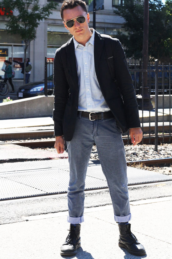 Brian Latimer (COM '15) knows how to work a blazer and Doc Martens combo like nobody's business. Attitude don't hurt, neither. Photo by Sharon Weissburg.