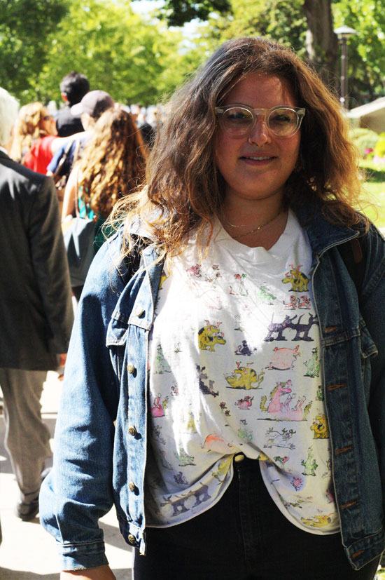 Deena (CAS '14) says that her vintage shirt has been photographed before. Small wonder — it's covered in tiny animals making sweet animal love to one another. Photo by Sharon Weissburg.