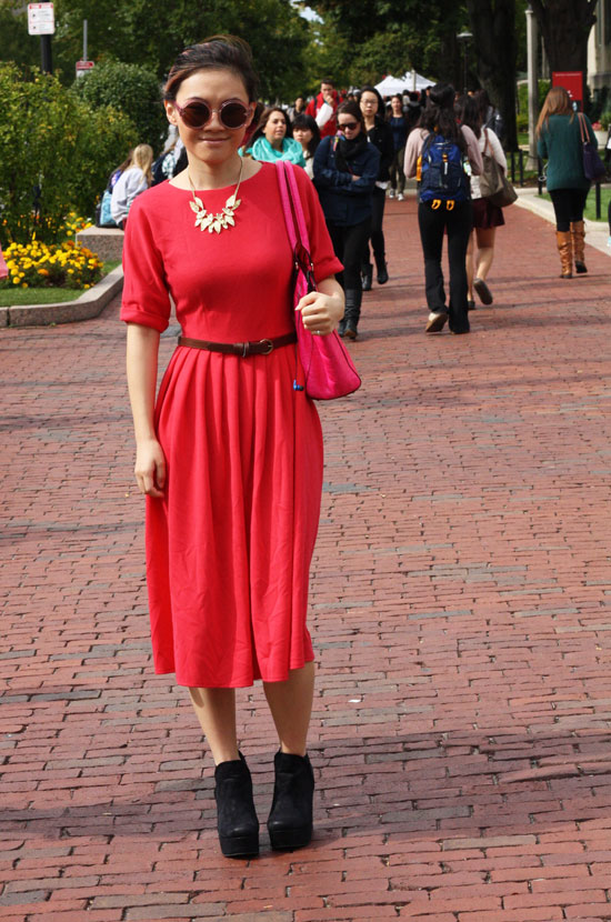 Layla (COM '15) works a head-turning monochromatic hot pink all the way down Comm Ave. This is how you do pink, folks. Photo by Sharon Weissburg.