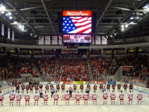 BU's acapella group, the Dear Abbeys, sing the National Anthem minutes before the drop of the puck - Photo by Hanna Klein