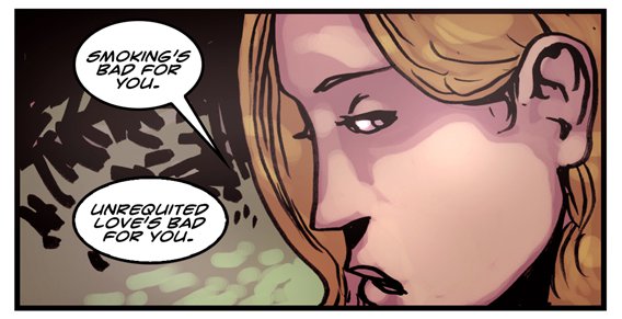 A panel from Flutter. Script by Jennie Wood and art by Jeff McComsey.