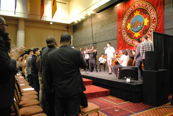 The audience participated by clapping along during the musical collaboration between Roxbury Youth Orchestra and BU Hip-Hop