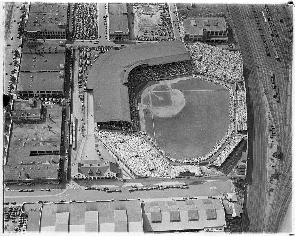 An aerial photo of Braves Field from 1933. Visible on the bottom left is the custom-builty trolley stop. | Courtesy of the Boston Public Library, Leslie Jones Collection.