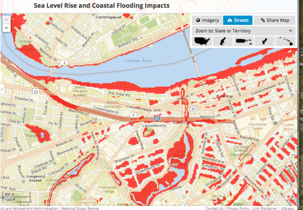 A screen shot of an interactive map from the National Oceanic and Atmospheric Administration showing areas that will become more susceptible to flooding in some sea level rise scenarios. The map is available to the public at the new climate.data.gov
