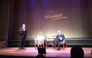 Jeremy Hobson, co-host of Here & Now on WBUR and NPR, with Times reporter David Carr and former Times executive editor Jill Abramson | photo by Michelle Cheng.