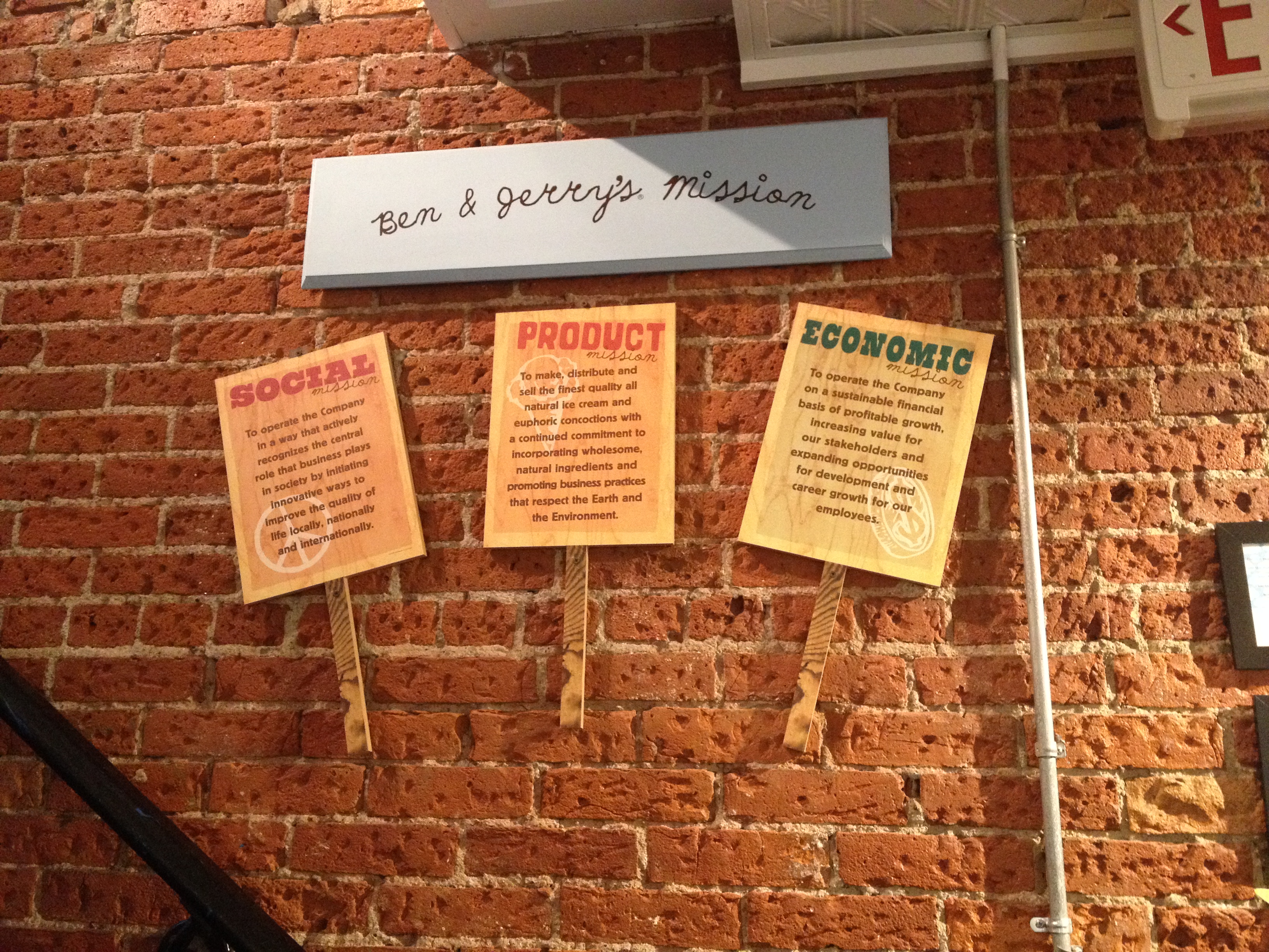 Ben & Jerry's has their three-part mission posted in their shop. | Photo by Hallie Smith