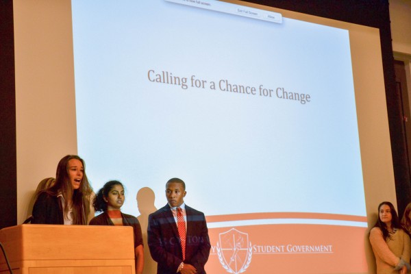 PERSON TITLE, PERSON, and PERSON at the Student Government senate meeting on Monday, November 16, 2015. | Photo by Michael Dratch