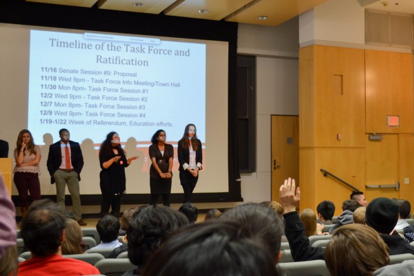 PERSON, PERSON, PERSON, PERSON, present at the Student Government senate meeting. | Photo by Michael Dratch