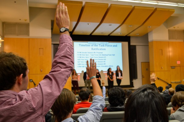 A vote is taken during the senate meeting on Tuesday, November 16, 2015. | Photo by Michael Dratch