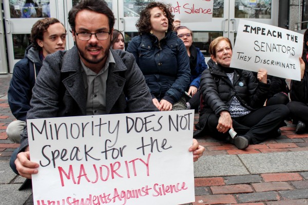 Nicholas Ganey (CAS '17) partipates in the protest outside George Sherman Union on Tuesday November 10, 2015. | Photo by Rachel Kashdan