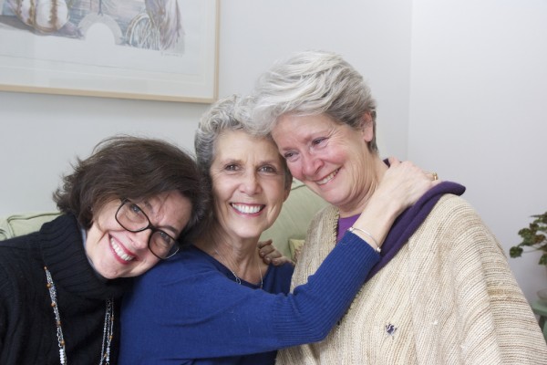 Left to right, Jane Nordli, Michelle Cherney Gillett, Barbara Smith Powell, ’69 classmates, suitemates, and life-long friends reunite at Gillett’s home in Stockbridge, MA, to interview and film for the documentary. | Photo by Peter Barton